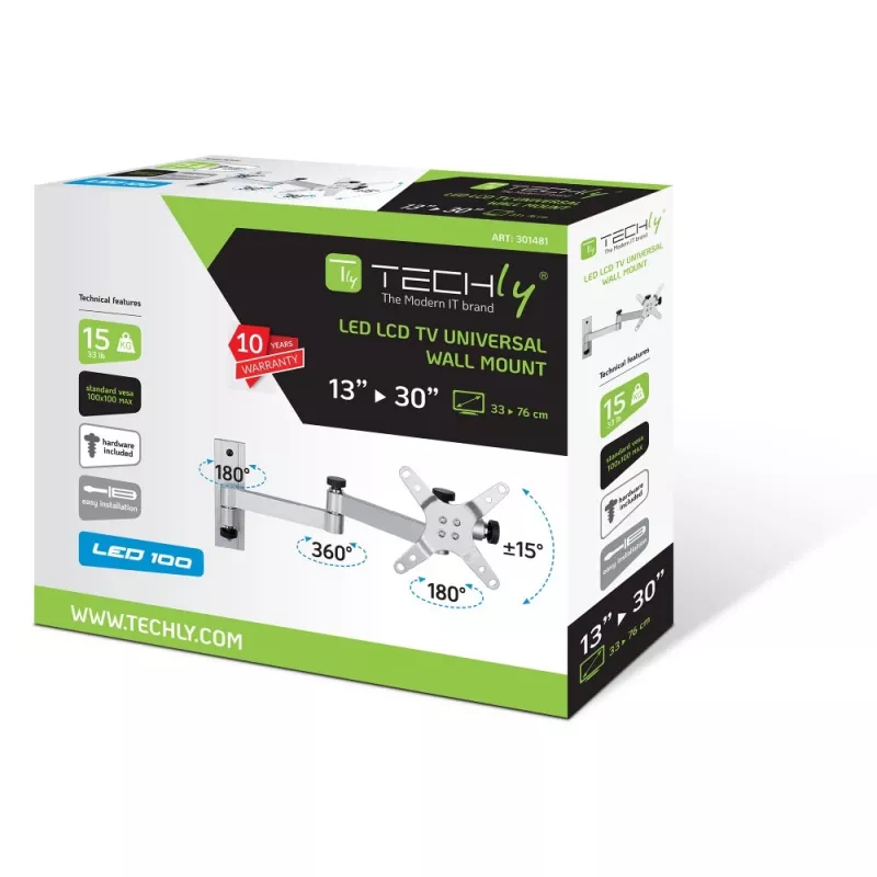 Techly ICA-LCD 104 supporto a parete per LCD 13–30 pollici, 3 snodi, inclinabile e orientabile, fino a 15 kg, VESA 75x75/100x100, argento