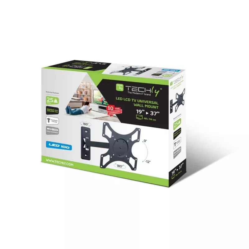 Techly ICA-LCD 2901 supporto a parete per TV LCD 13–37 pollici, inclinabile e orientabile, fino a 25 kg, VESA 75x75–200x200, nero