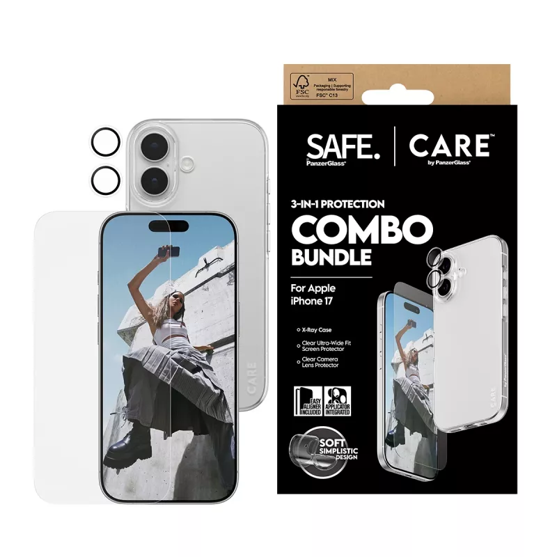 Bundle combo 3-in-1 PanzerGlass per iPhone 17 – protezione display, protezione lenti fotocamera e custodia