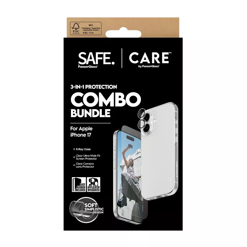Bundle combo 3-in-1 PanzerGlass per iPhone 17 – protezione display, protezione lenti fotocamera e custodia