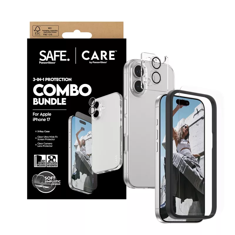 Bundle combo 3-in-1 PanzerGlass per iPhone 17 – protezione display, protezione lenti fotocamera e custodia