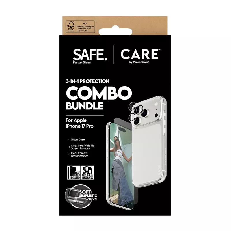 Bundle combo 3-in-1 PanzerGlass per iPhone 17 Pro CR40572 — protezione display, copertura fotocamera e custodia