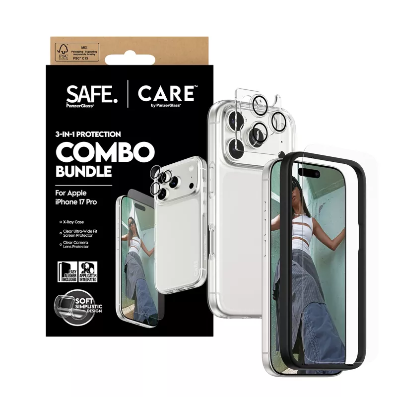 Bundle combo 3-in-1 PanzerGlass per iPhone 17 Pro CR40572 — protezione display, copertura fotocamera e custodia