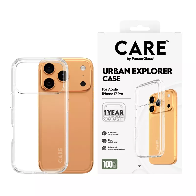 Custodia protettiva PanzerGlass CARE by Flagship custodia trasparente Urban Explorer con cornice chiara per iPhone 17 Pro