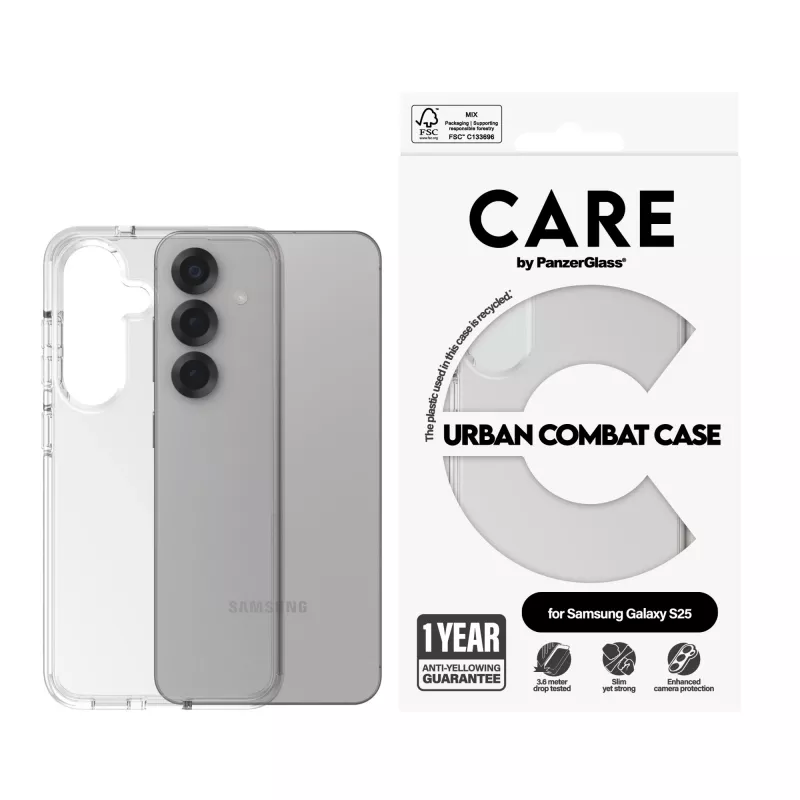 PanzerGlass cover Samsung Galaxy S25, trasparente, Urban Combat con cornice trasparente