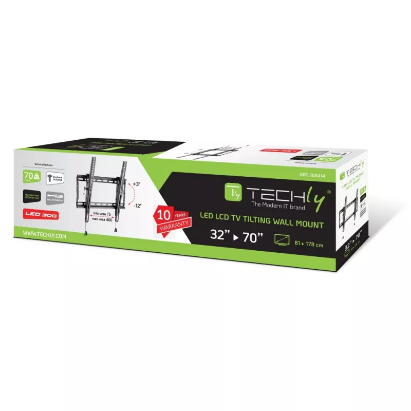 Techly ICA-PLB 59T supporto da parete per TV 32-70 pollici (81-178 cm), inclinabile, 70 kg, slim 49 mm, nero