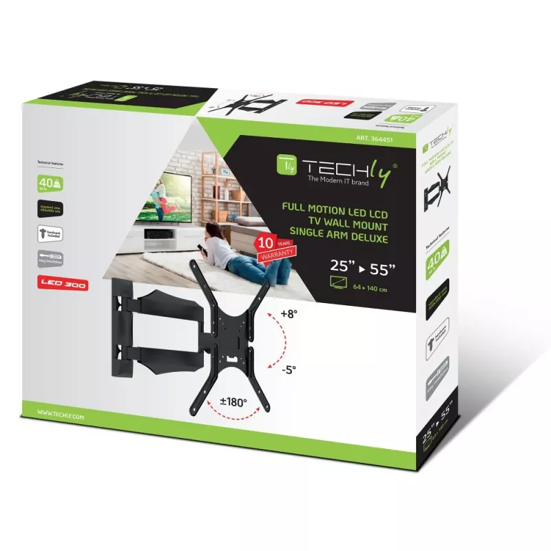 Techly ICA-PLB 271M supporto da parete per TV 25-52 pollici, girevole e inclinabile, slim, 40 kg, nero