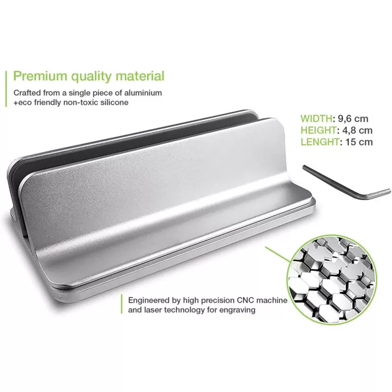 Techly ICA-TBL 010 supporto verticale in alluminio per laptop fino a 17 pollici, larghezza regolabile