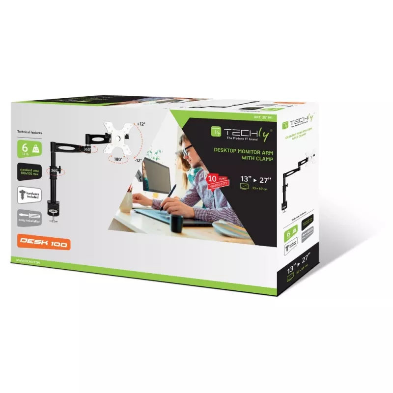 Supporto da tavolo Techly per monitor 13-27 pollici braccio lungo inclinabile ICA-LCD 502BK