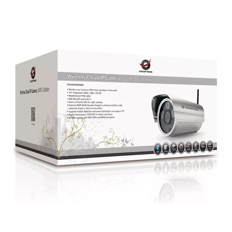 Conceptronic CIPCAM720ODWDR telecamera IP cloud wireless, da esterno, cilindrica, 720p HD, WDR, IP66, IR fino a 50 m, microSD da 8 GB