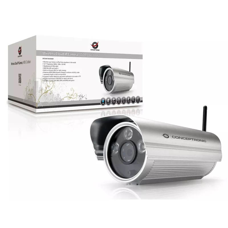 Conceptronic CIPCAM720ODWDR telecamera IP cloud wireless, da esterno, cilindrica, 720p HD, WDR, IP66, IR fino a 50 m, microSD da 8 GB