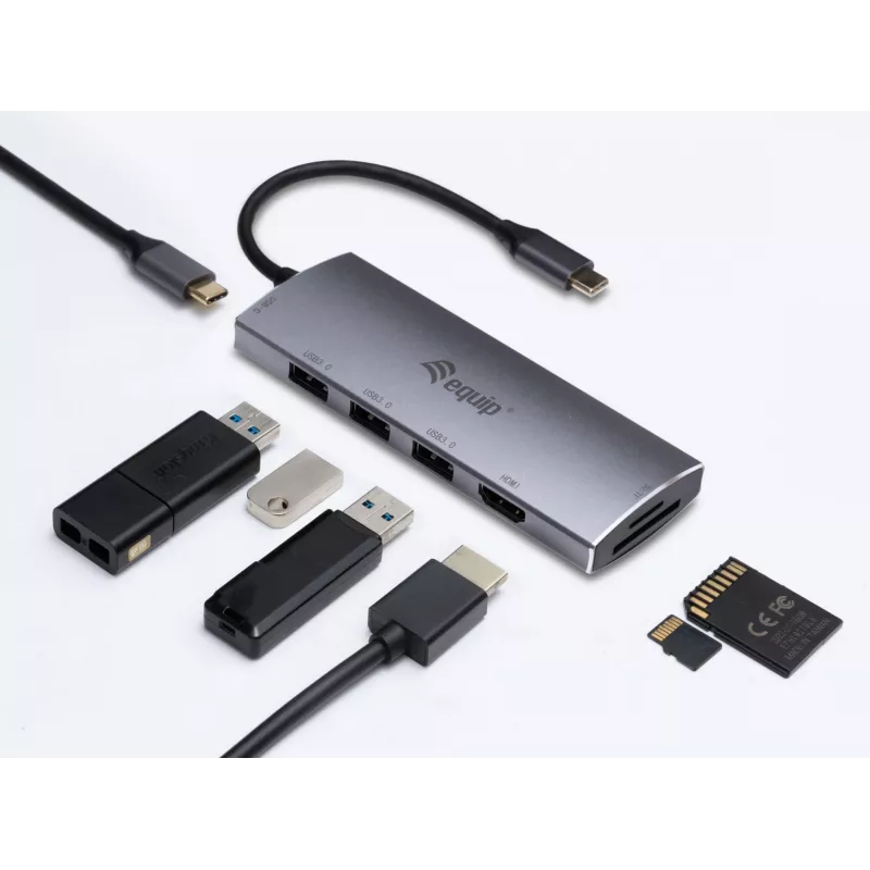 Equip 133482 adattatore multifunzione USB-C 7 in 1, USB 3.2 Gen 1, HDMI 4K 30 Hz, 3x USB 3.0, SD/microSD, USB-C PD 100 W, alluminio