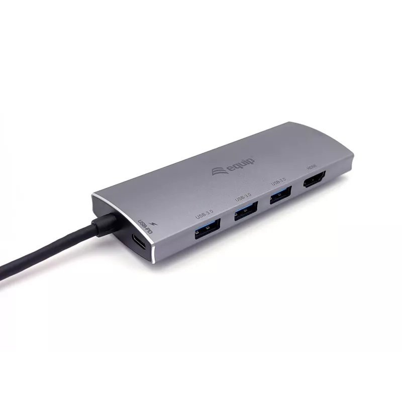 Equip 133482 adattatore multifunzione USB-C 7 in 1, USB 3.2 Gen 1, HDMI 4K 30 Hz, 3x USB 3.0, SD/microSD, USB-C PD 100 W, alluminio