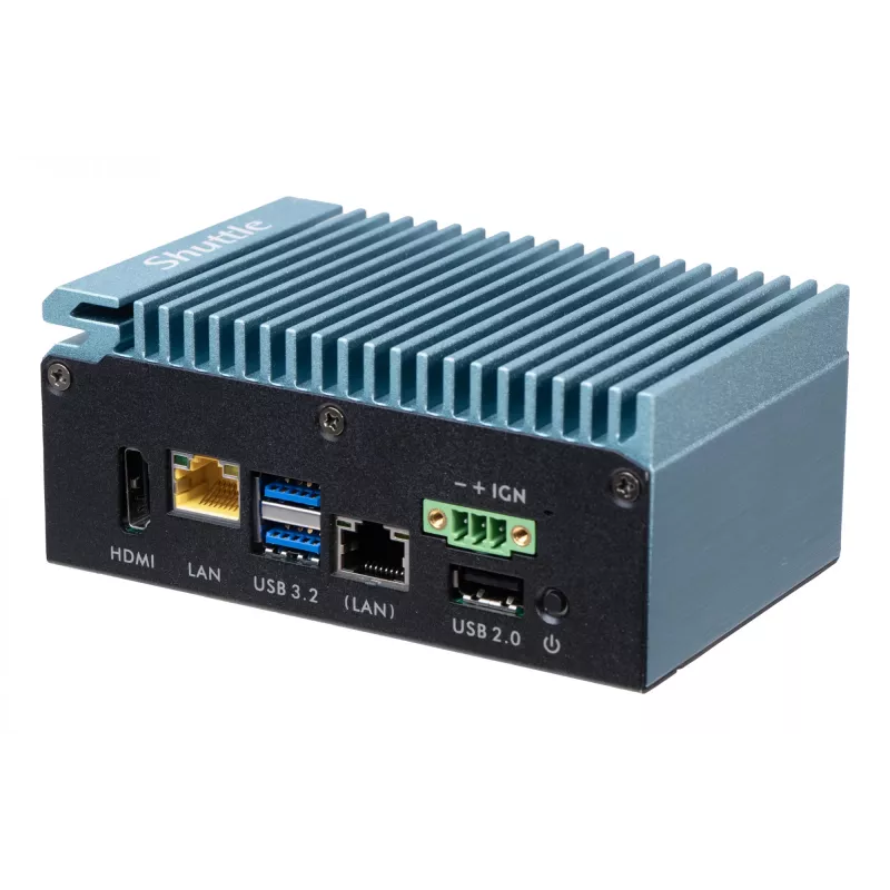 Shuttle Edge PC SPCEL02, Intel Celeron J6412, 1x HDMI, 2x 2.5G LAN, 1x COM, DIO (4x in, 4x out), 3x USB, 2x M.2, 12-24V, funzionamento continuo 24/7, senza ventola, incl. staffa VESA e guida DIN