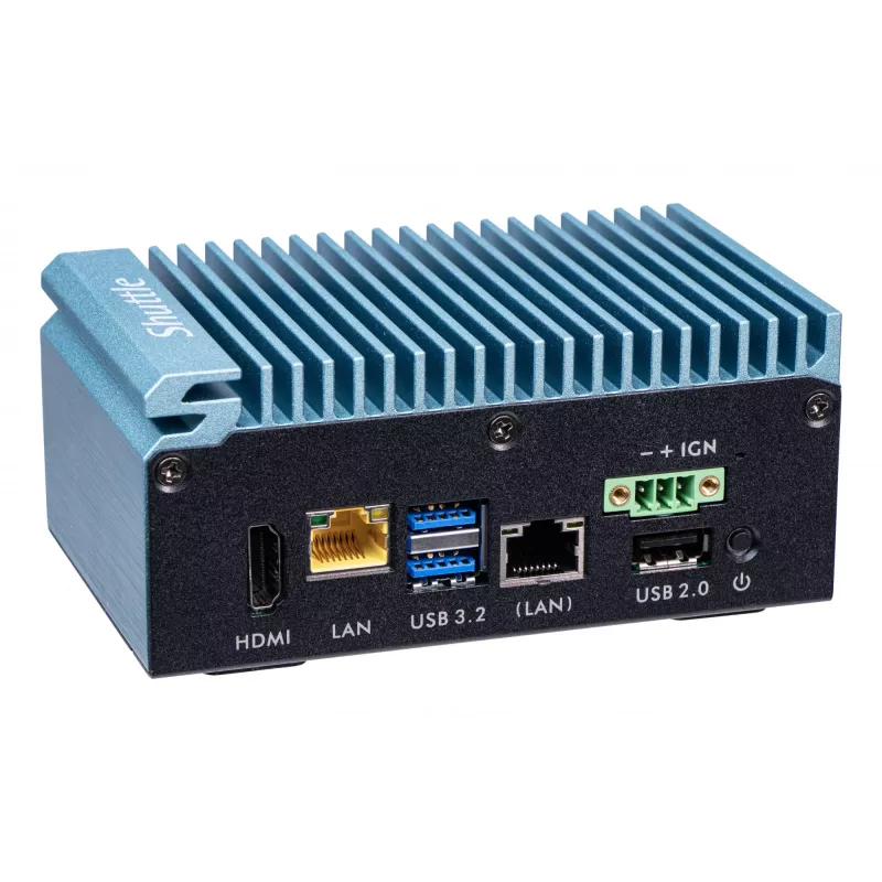 Shuttle Edge PC SPCEL02, Intel Celeron J6412, 1x HDMI, 2x 2.5G LAN, 1x COM, DIO (4x in, 4x out), 3x USB, 2x M.2, 12-24V, funzionamento continuo 24/7, senza ventola, incl. staffa VESA e guida DIN