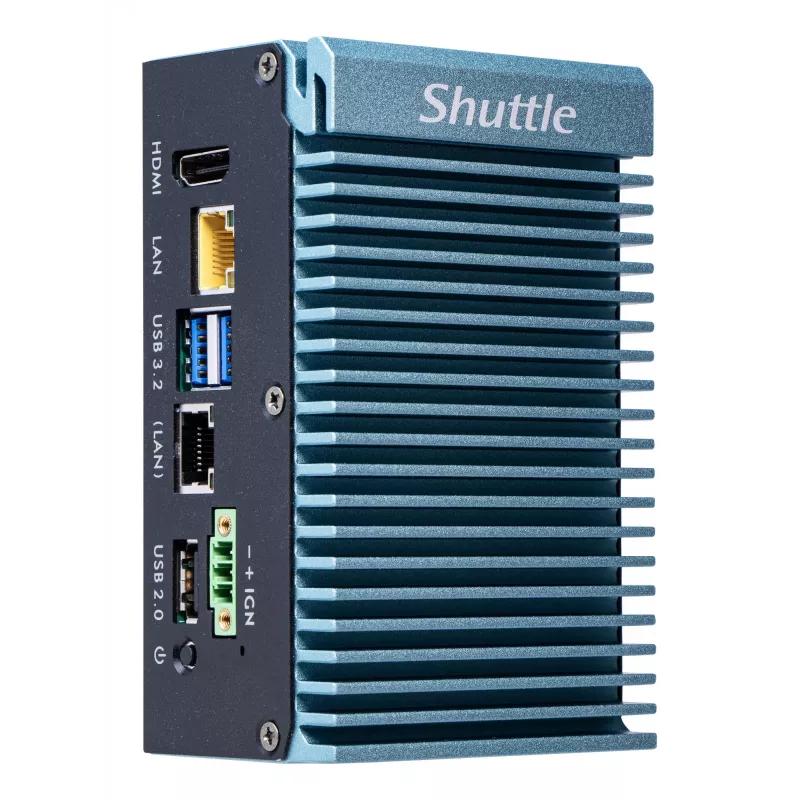 Shuttle Edge PC SPCEL02, Intel Celeron J6412, 1x HDMI, 2x 2.5G LAN, 1x COM, DIO (4x in, 4x out), 3x USB, 2x M.2, 12-24V, funzionamento continuo 24/7, senza ventola, incl. staffa VESA e guida DIN