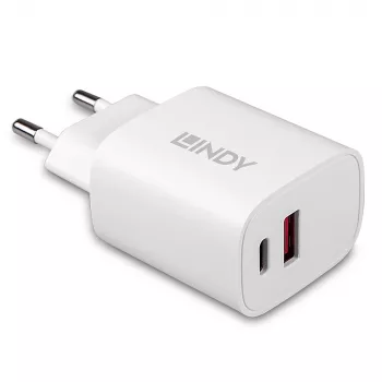 Lindy 73413 caricatore USB-A e USB-C, 20 W, Power Delivery, 100–240 V, bianco