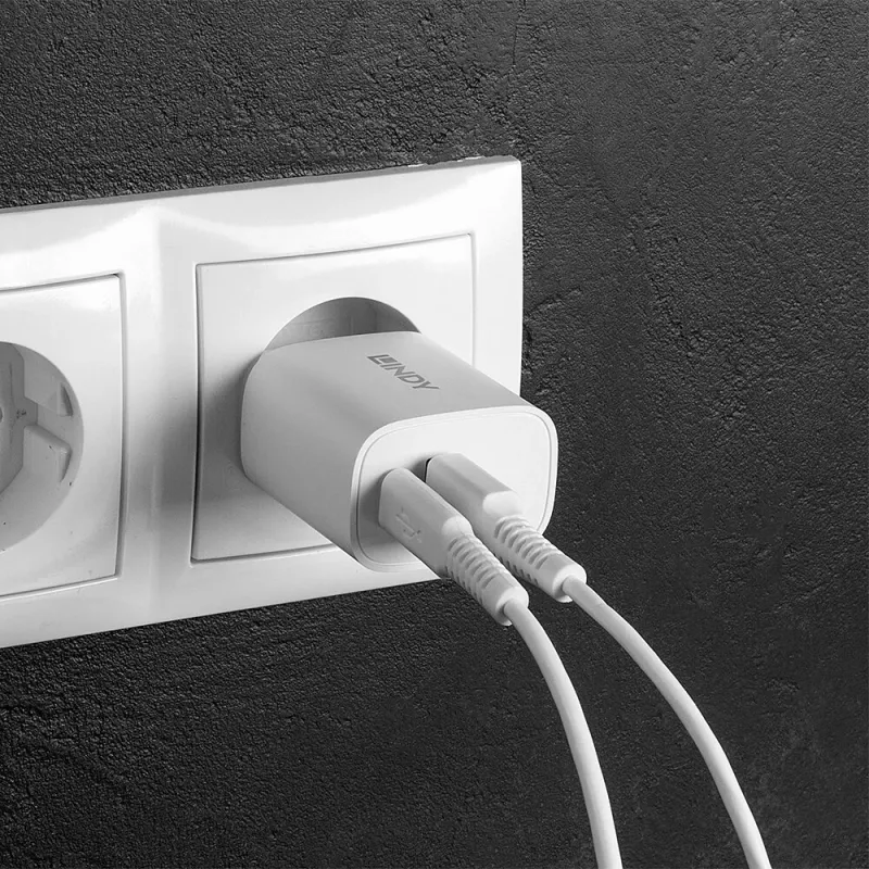 Lindy 73413 caricatore USB-A e USB-C, 20 W, Power Delivery, 100–240 V, bianco