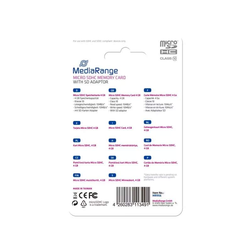 Scheda di memoria MediaRange 4 GB MicroSDHC Class 10 MR956