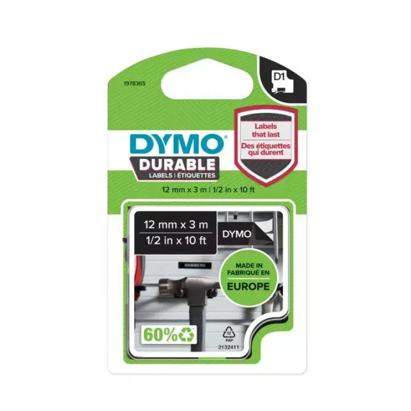DYMO Authentic etichette D1 Durable | stampa bianca su nastro nero | 12 mm x 3 m | nastro per etichettatrici LabelManager
