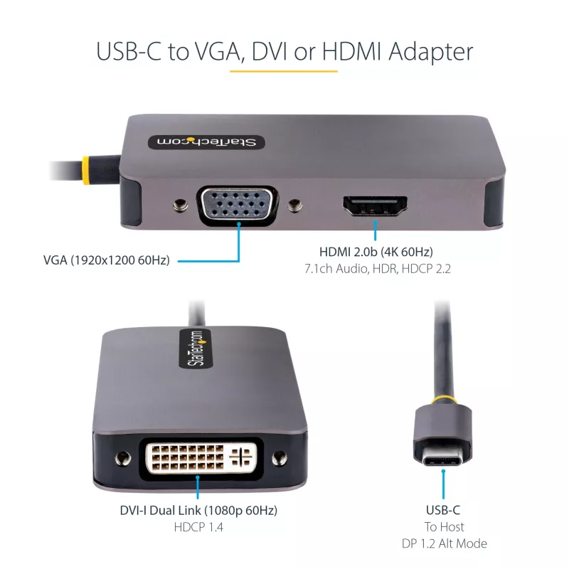 Adattatore video USB-C StarTech.com, adattatore USB-C a HDMI DVI VGA, fino a 4K 60Hz, alluminio, adattatore video multiporta, compatibile Thunderbolt 3/4, adattatore da viaggio USB Type-C