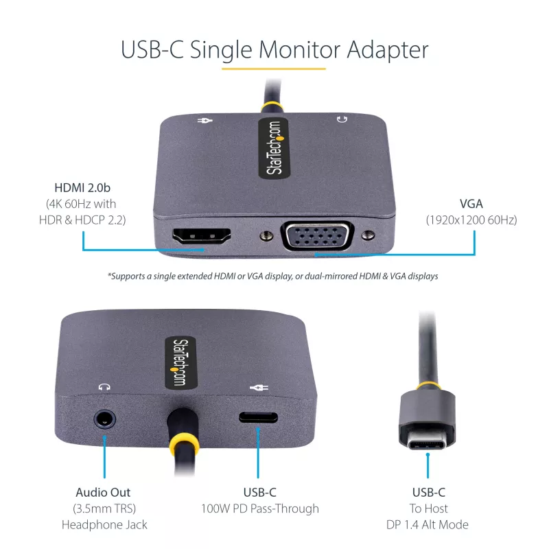 Adattatore video USB-C StarTech.com, adattatore multiporta USB-C a HDMI VGA, audio 3,5 mm, 4K 60Hz HDR, 100W PD pass-through, compatibile Thunderbolt 3/4 – adattatore display USB-C da viaggio