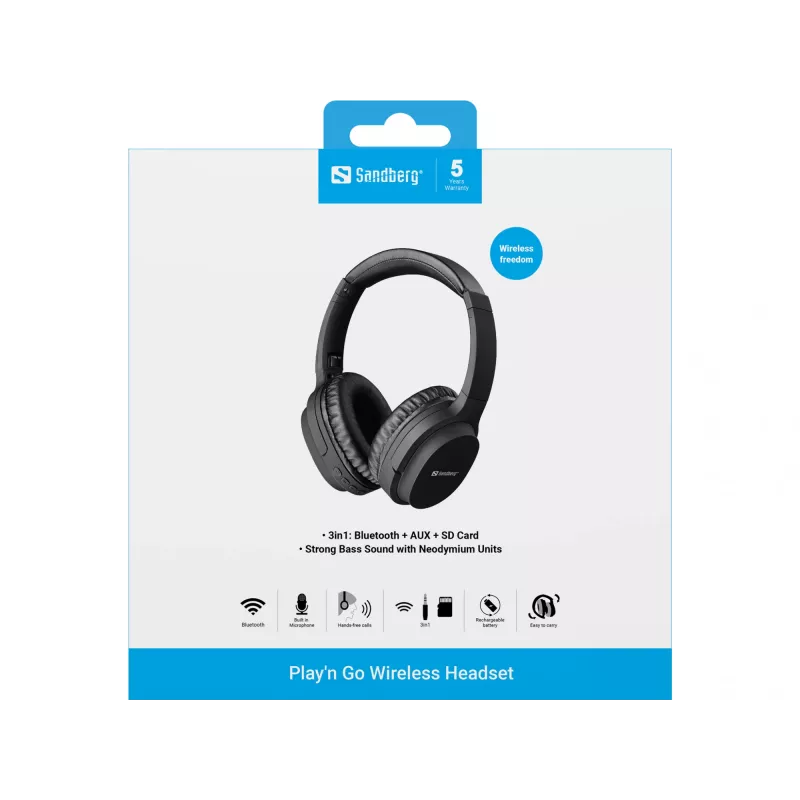 Sandberg 126-37 Play'n Go cuffie Bluetooth con microfono, pieghevoli, cablate e wireless, 3,5 mm, 20 Hz - 20 kHz, 230 g, nere