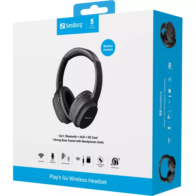 Sandberg 126-37 Play'n Go cuffie Bluetooth con microfono, pieghevoli, cablate e wireless, 3,5 mm, 20 Hz - 20 kHz, 230 g, nere