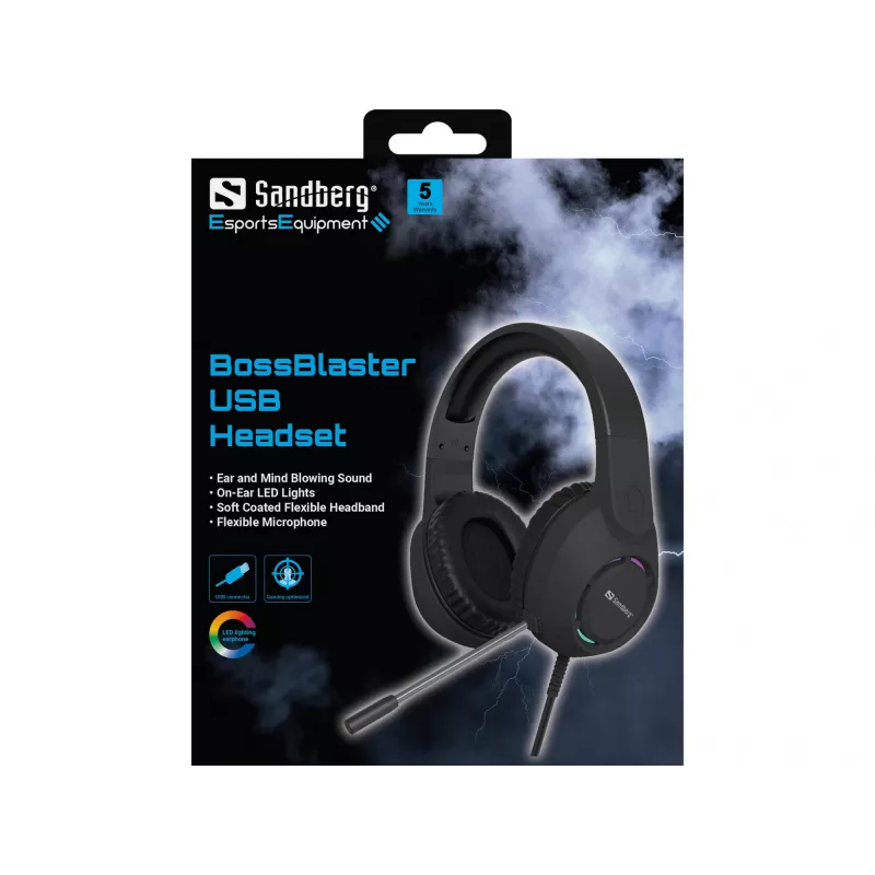 Headset SANDBERG BossBlaster USB — headset gaming con filo, 20–20000 Hz, cavo 2 m, 240 g, nero