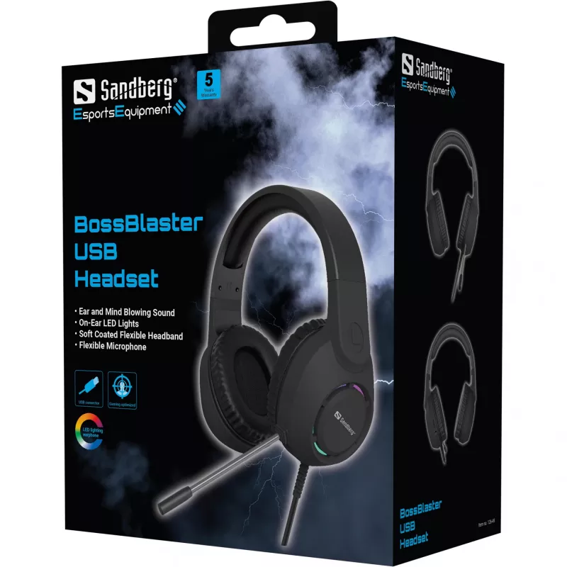 Headset SANDBERG BossBlaster USB — headset gaming con filo, 20–20000 Hz, cavo 2 m, 240 g, nero