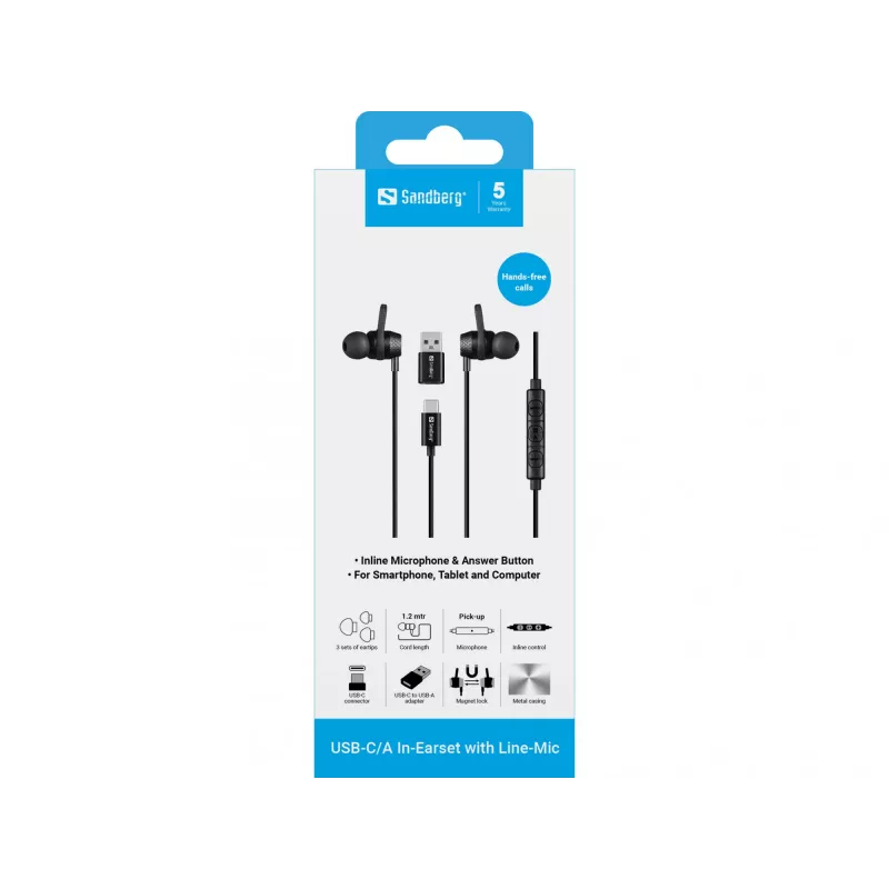 Headset Sandberg USB-C/A in-ear con microfono sul cavo