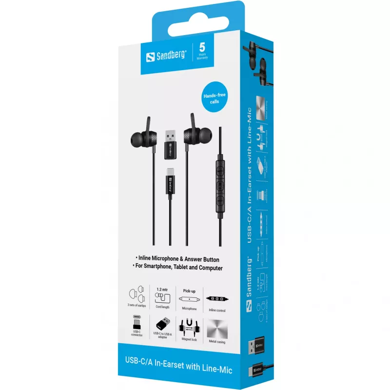 Headset Sandberg USB-C/A in-ear con microfono sul cavo