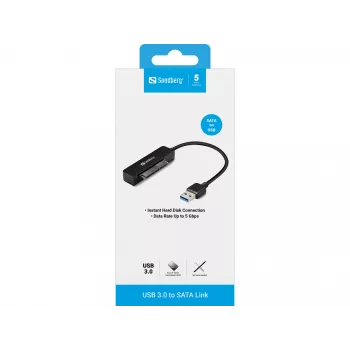 Adattatore USB 3.0-SATA Sandberg, nero, 5 Gbit/s, 20 g, 77 mm, 18 mm, 193 mm