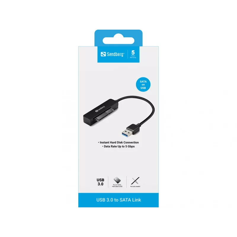 Adattatore USB 3.0-SATA Sandberg, nero, 5 Gbit/s, 20 g, 77 mm, 18 mm, 193 mm