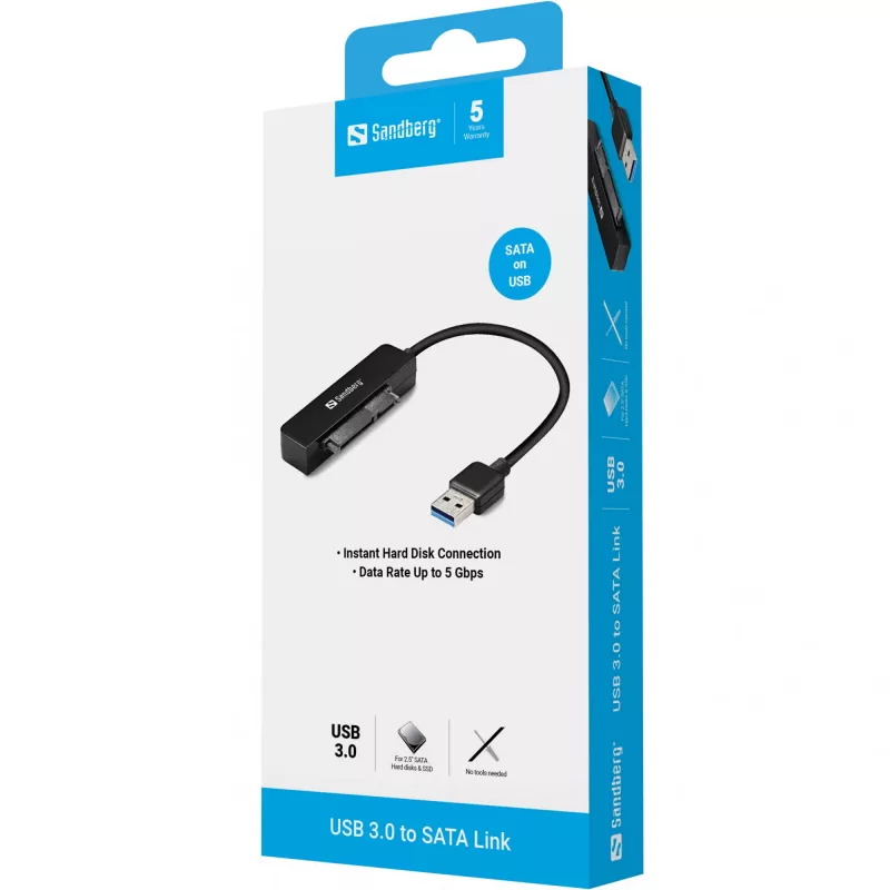 Adattatore USB 3.0-SATA Sandberg, nero, 5 Gbit/s, 20 g, 77 mm, 18 mm, 193 mm