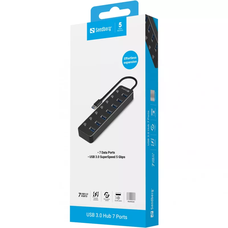 Hub USB Sandberg 7 porte USB 3.0 nero alluminio