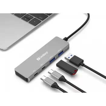 Hub Sandberg USB-C a 2xUSB-A + 2xUSB-C grigio alluminio