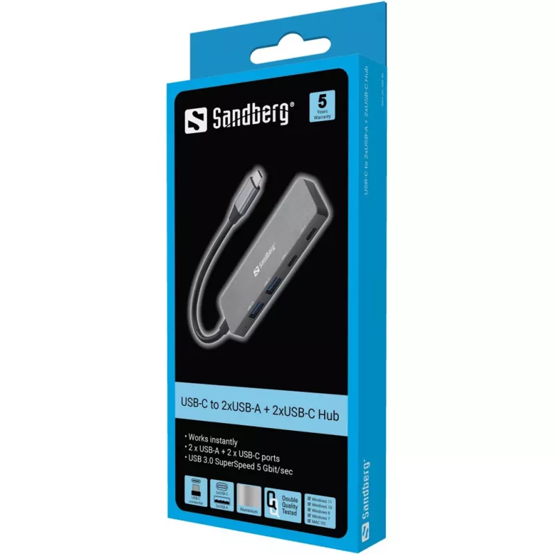 Hub Sandberg USB-C a 2xUSB-A + 2xUSB-C grigio alluminio