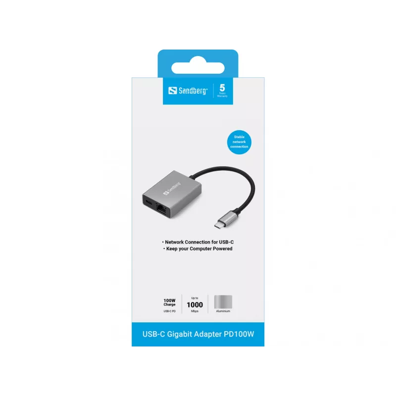 Adattatore Gigabit Sandberg USB-C PD100W USB Type-C RJ-45 1 Gbit/s grigio