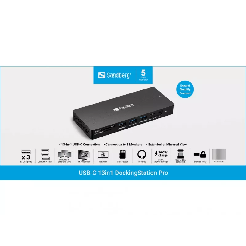 Docking station Sandberg USB-C 13in1 Pro con filo USB 3.2 Gen 1 Type-C