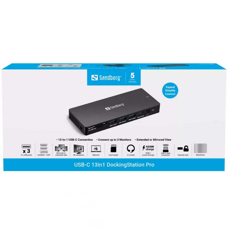 Docking station Sandberg USB-C 13in1 Pro con filo USB 3.2 Gen 1 Type-C