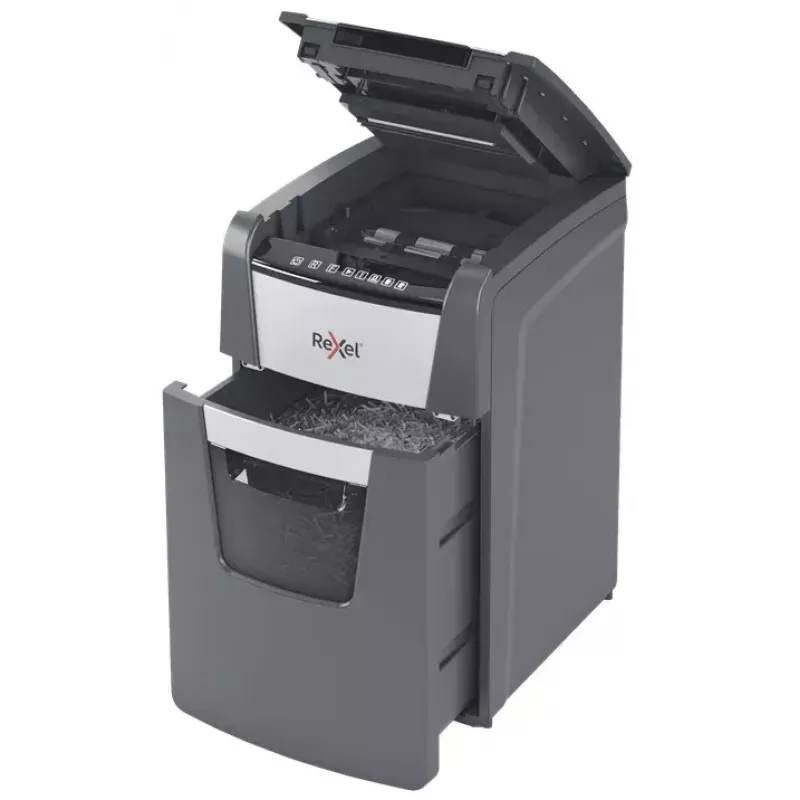 Rexel Optimum AutoFeed+ 150M distruggidocumenti, taglio micro 2 x 15 mm, P-5, 150 fogli, cestino da 44 l