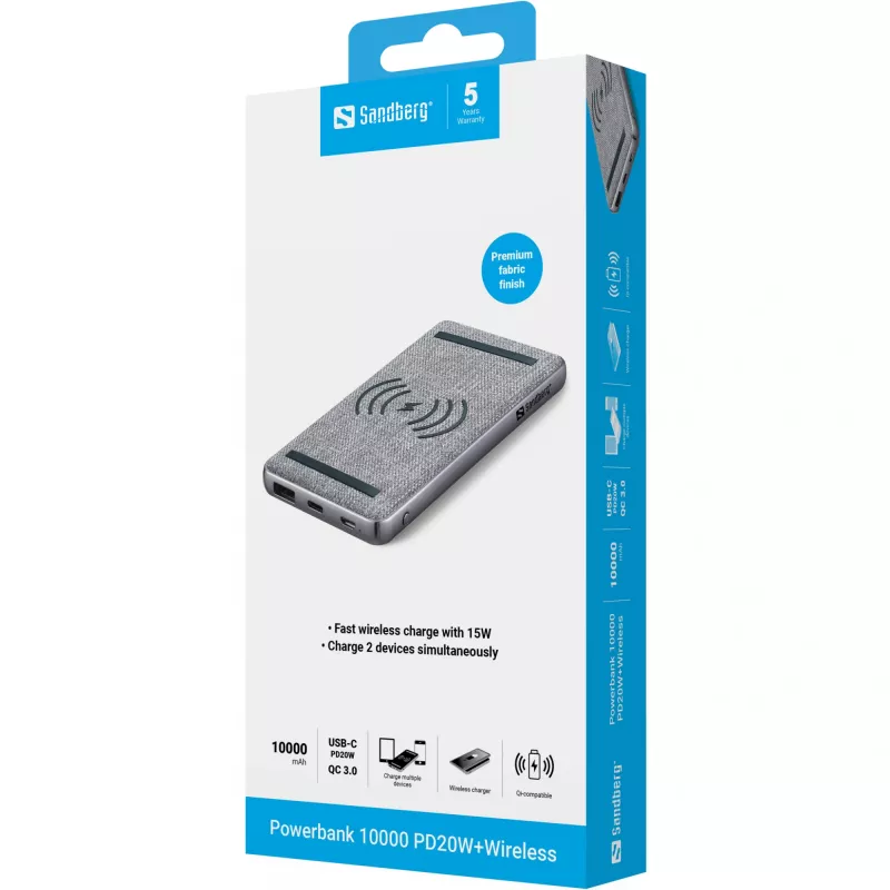Powerbank portatile Sandberg Powerbank 10000 PD20W+Wireless, 10000 mAh