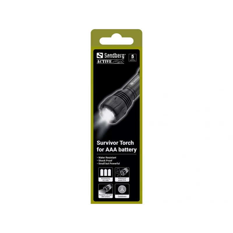 Sandberg Survivor Torch per batteria AAA, torcia da borsa, nero, alluminio, LED, 3 W, 150 lm