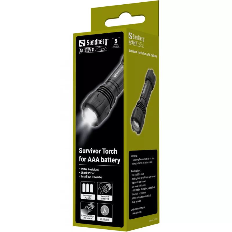 Sandberg Survivor Torch per batteria AAA, torcia da borsa, nero, alluminio, LED, 3 W, 150 lm