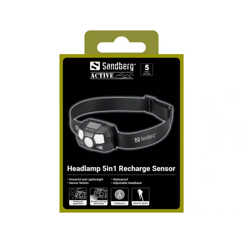Torcia frontale Sandberg 5in1 Recharge Sensor LED 200 lm nero
