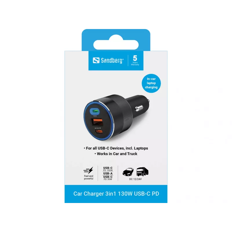 Caricabatterie da auto Sandberg 3in1 130W USB-C PD caricatore rapido universale