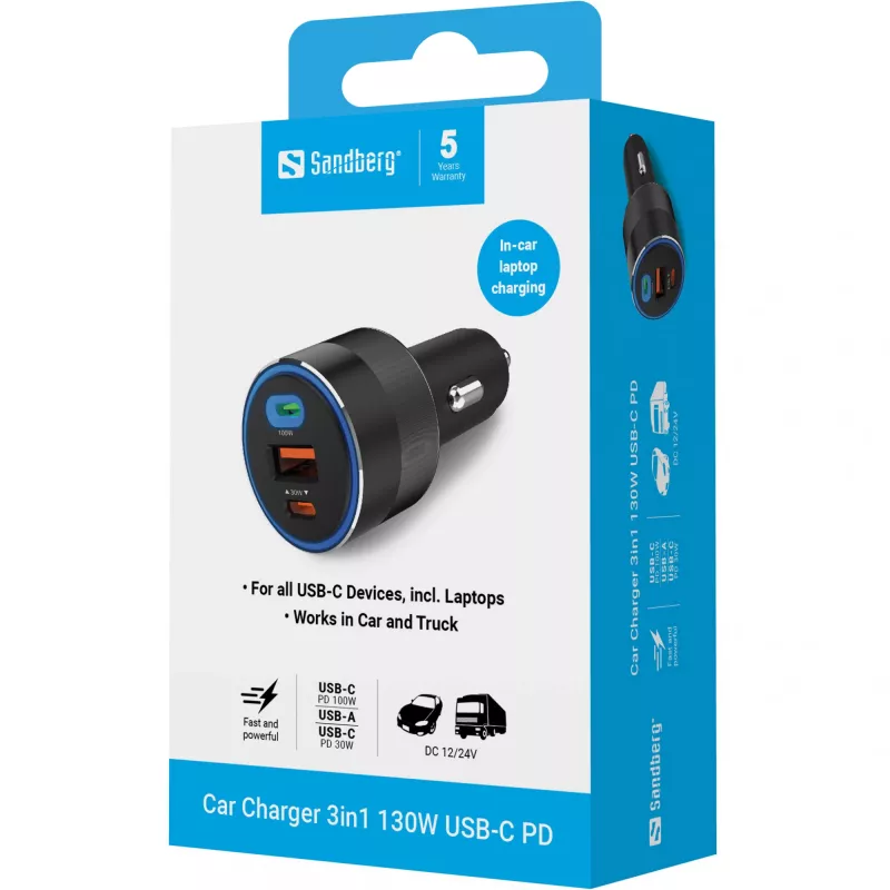 Caricabatterie da auto Sandberg 3in1 130W USB-C PD caricatore rapido universale