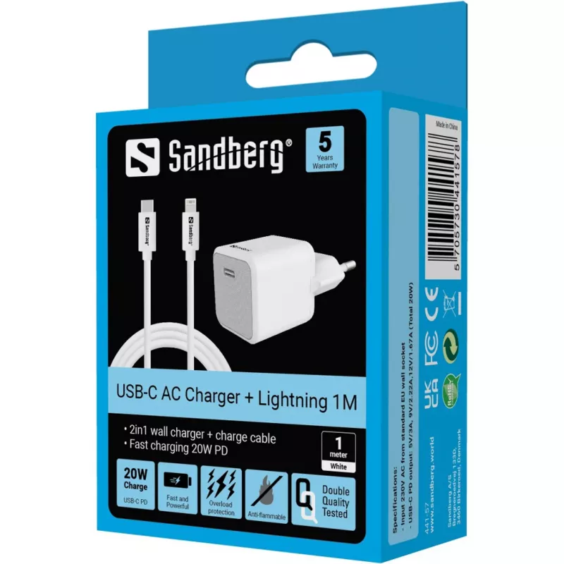 Caricabatterie AC Sandberg 20W USB-C + Lightning 1M ricarica rapida bianco