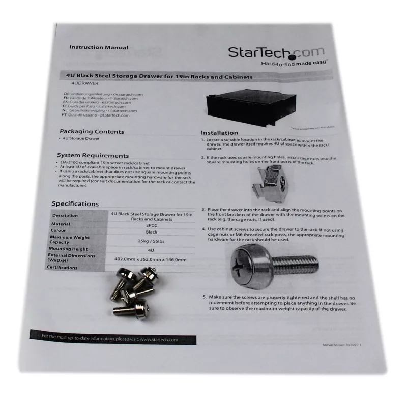 StarTech.com cassetto portaoggetti 4U nero in acciaio per rack e armadi 19in